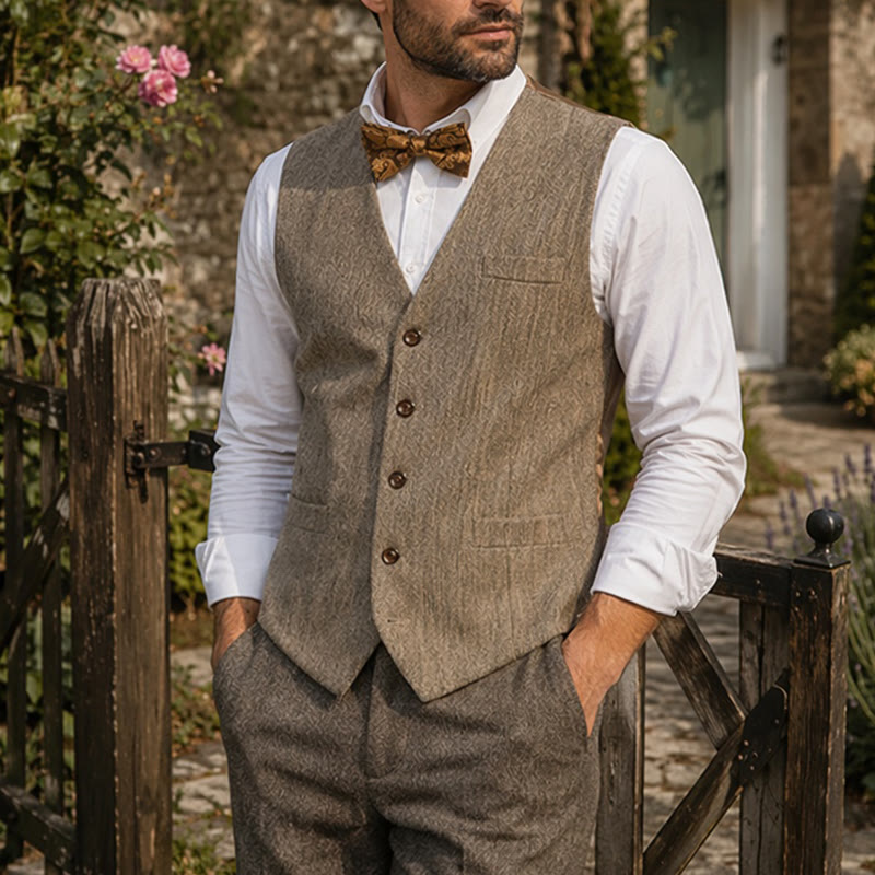 Ensemble 2 pièces pour homme : gilet de costume kaki rustique avec nœud papillon à motifs cachemire. - Kaki - 2XL - image 0