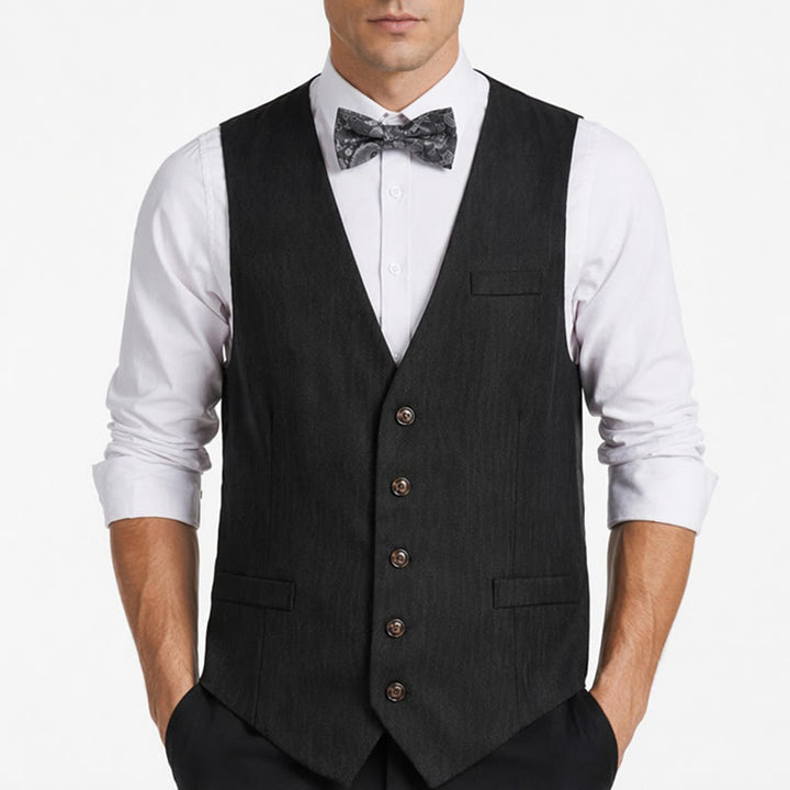 Costume deux pièces pour homme, gilet et nœud papillon gris anthracite à motifs cachemire. - image 1