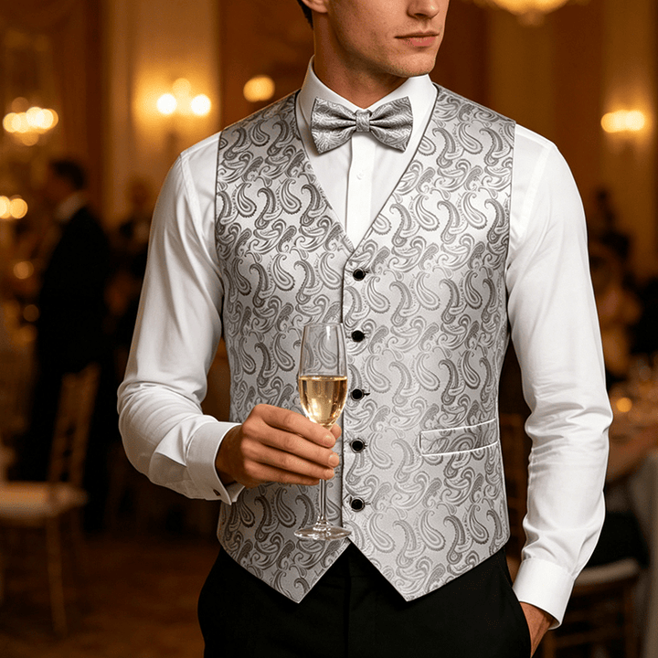 Gilet de costume pour homme en jacquard à motif cachemire floral avec nœud papillon - Blanc et argent - 3XL - Nœud papillon gratuit - image 5