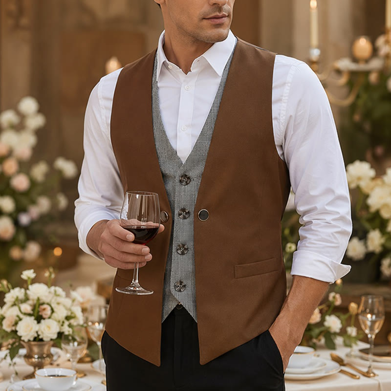 Gilet de costume pour homme, style urbain bicolore, à effet superposé. - Brun - 2XL - image 4