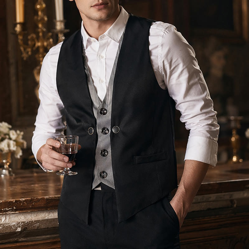 Gilet de costume pour homme, style urbain bicolore, à effet superposé. - Noir - 2XL - image 0