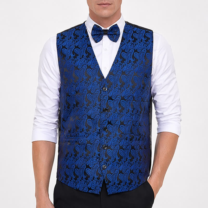 Gilet de costume pour homme en jacquard à motif cachemire floral avec nœud papillon - image 1