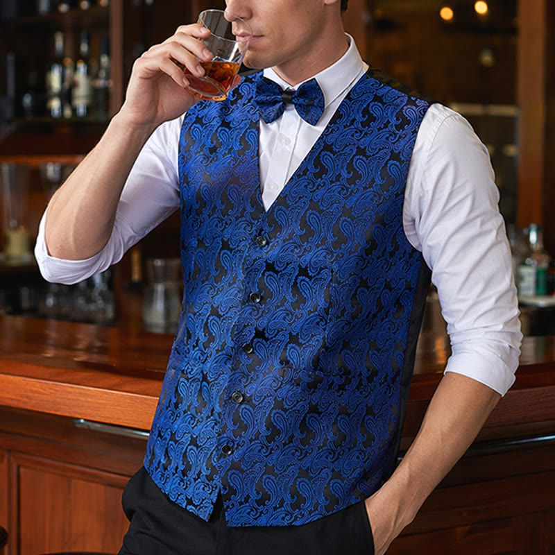 Gilet de costume pour homme en jacquard à motif cachemire floral avec nœud papillon - Noir et bleu royal - 3XL - Nœud papillon gratuit - image 0