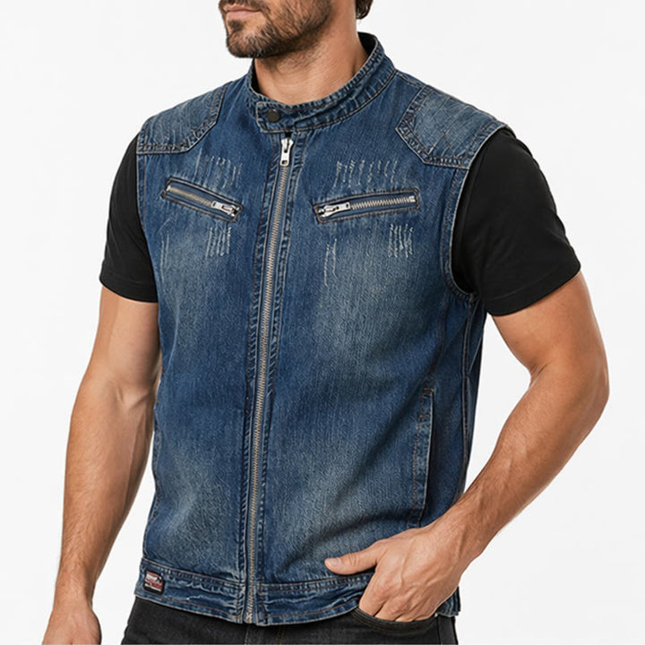 Gilet en jean délavé style motard à fermeture éclair pour homme, style Urban Rebel - image 3