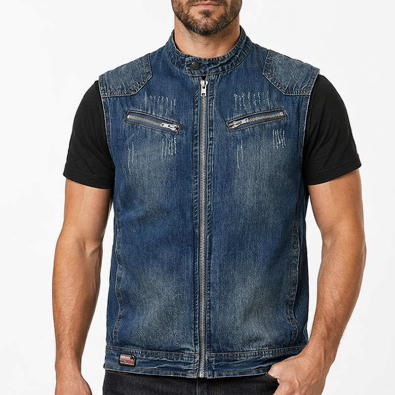 Gilet en jean délavé style motard à fermeture éclair pour homme, style Urban Rebel - image 1