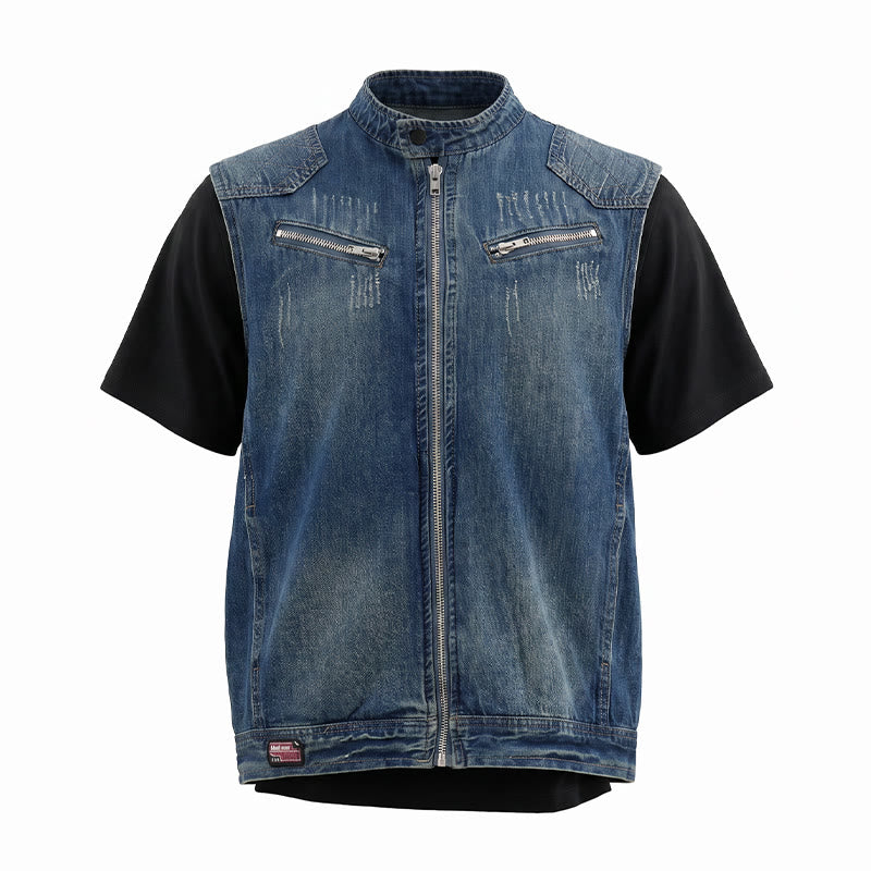 Gilet en jean délavé style motard à fermeture éclair pour homme, style Urban Rebel - image 8