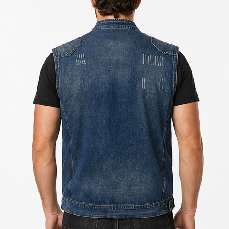 Gilet en jean délavé style motard à fermeture éclair pour homme, style Urban Rebel - image 2