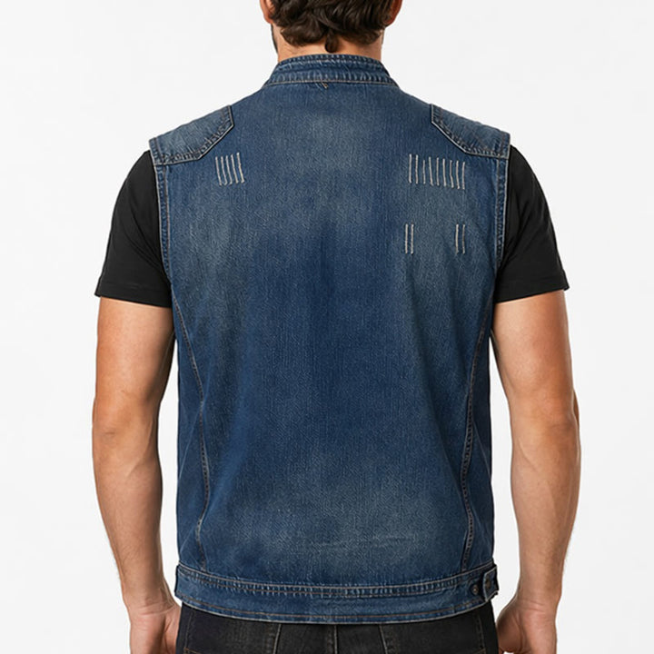 Gilet en jean délavé style motard à fermeture éclair pour homme, style Urban Rebel - image 2