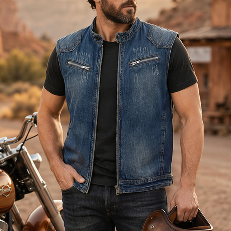 Gilet en jean délavé style motard à fermeture éclair pour homme, style Urban Rebel - Bleu - 6XL - image 0