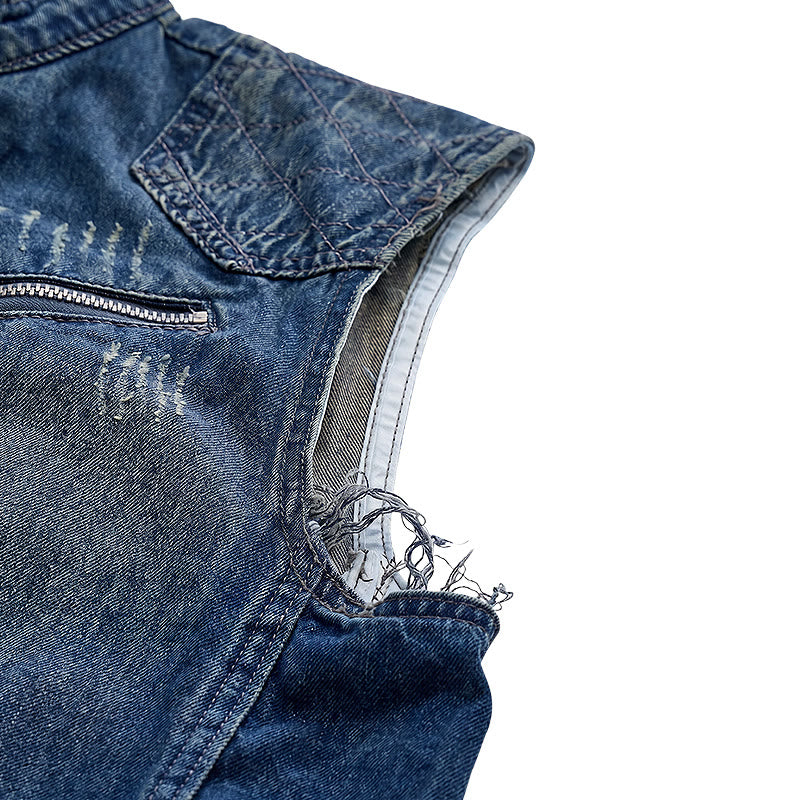 Gilet en jean délavé style motard à fermeture éclair pour homme, style Urban Rebel - image 7