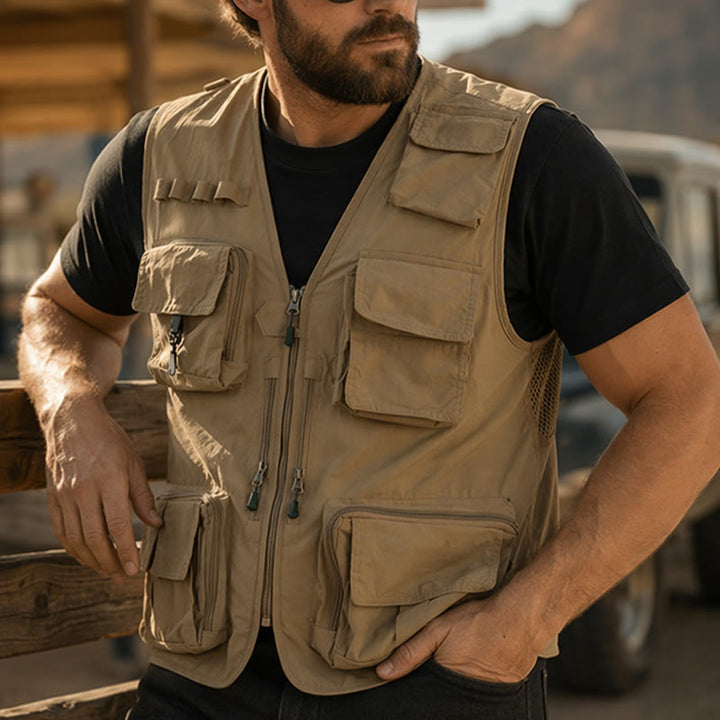 Gilet de pêche utilitaire léger à poches multiples et doublure en maille - Kaki - 7XL - image 0