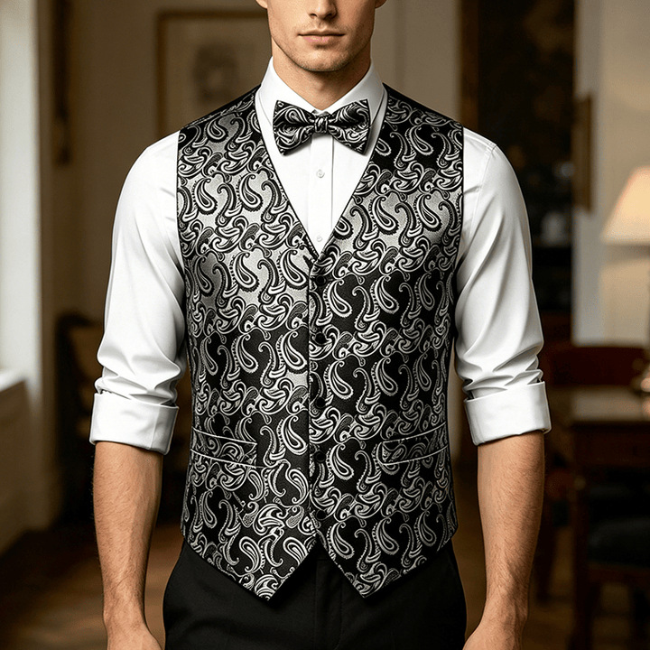 Gilet de costume pour homme en jacquard à motif cachemire floral avec nœud papillon - Noir et argent - 3XL - Nœud papillon gratuit - image 6