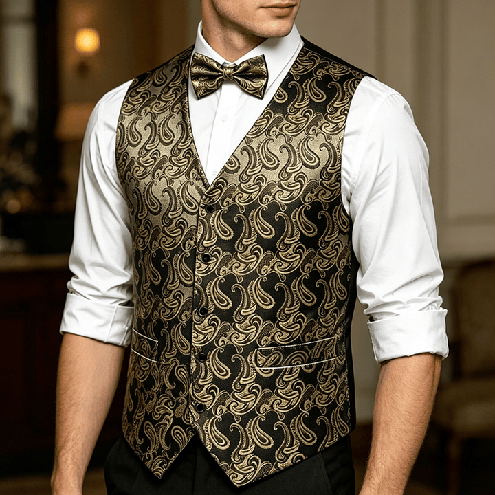 Gilet de costume pour homme en jacquard à motif cachemire floral avec nœud papillon - Noir et doré - 3XL - Nœud papillon gratuit - image 4