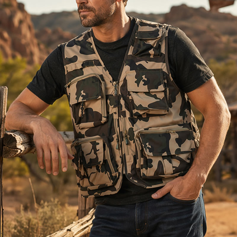Gilet utilitaire léger à doublure en maille, multipoches, camouflage pour la chasse - camouflage kaki - 7XL - image 0