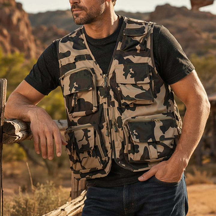 Gilet utilitaire léger à doublure en maille, multipoches, camouflage pour la chasse - camouflage kaki - 7XL - image 0