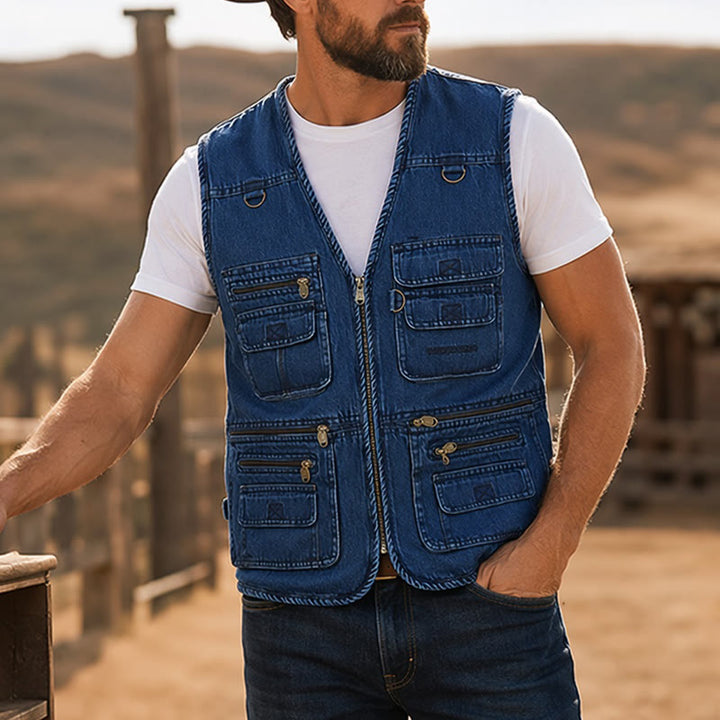 Gilet en jean sans manches vintage à fermeture éclair multiple style technique - Bleu - 4XL - image 4