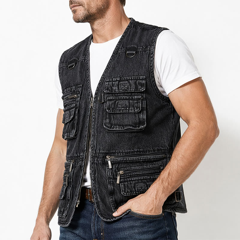 Gilet en jean sans manches vintage à fermeture éclair multiple style technique - image 3