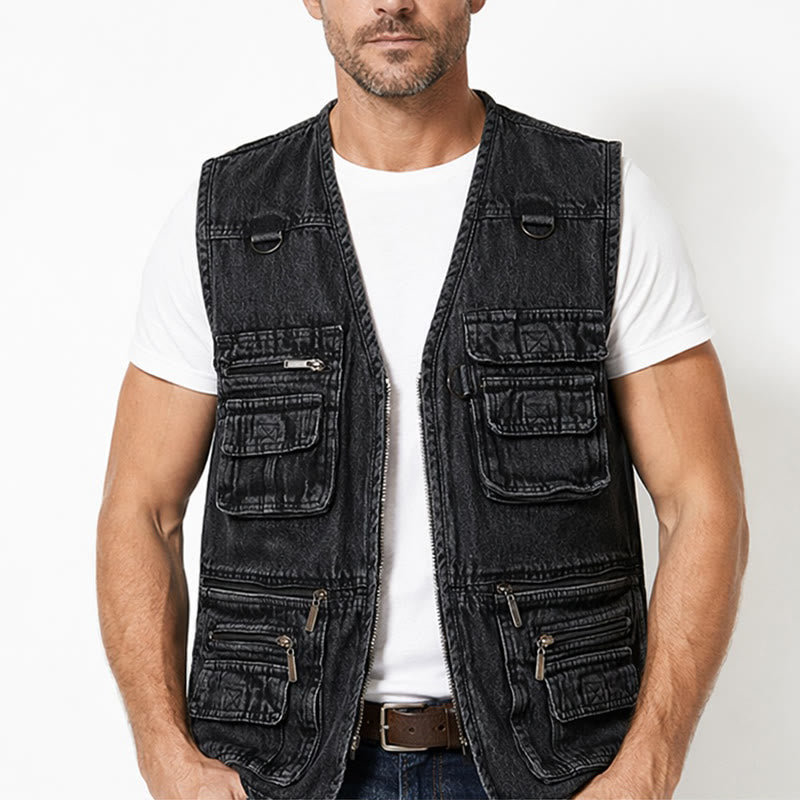 Gilet en jean sans manches vintage à fermeture éclair multiple style technique - image 1