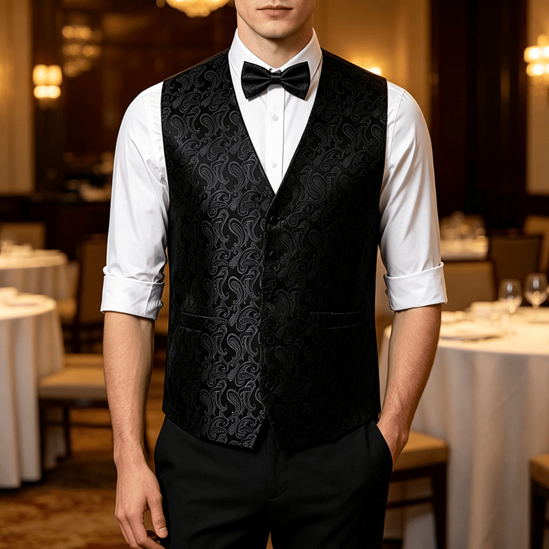 Gilet de costume pour homme en jacquard à motif cachemire floral avec nœud papillon - Noir - 3XL - Nœud papillon gratuit - image 8