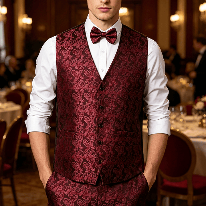 Gilet de costume pour homme en jacquard à motif cachemire floral avec nœud papillon - Noir et rouge - 3XL - Nœud papillon gratuit - image 7