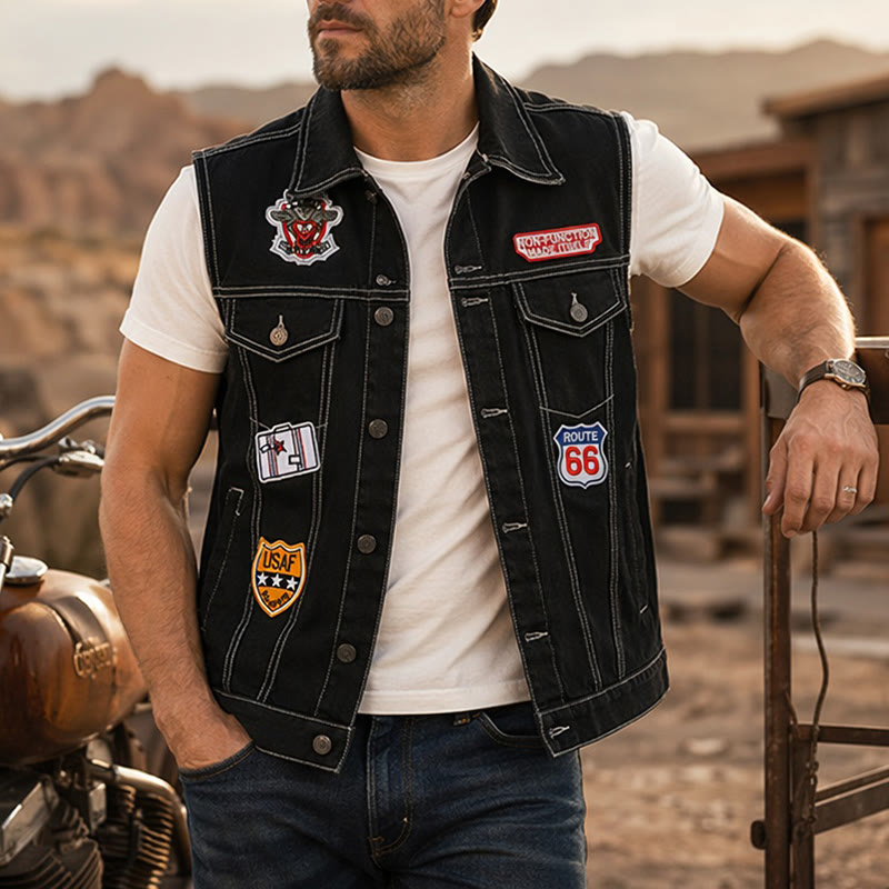 Gilet en denim noir patchwork Highway Rebel - Noir - 5XL - image 0