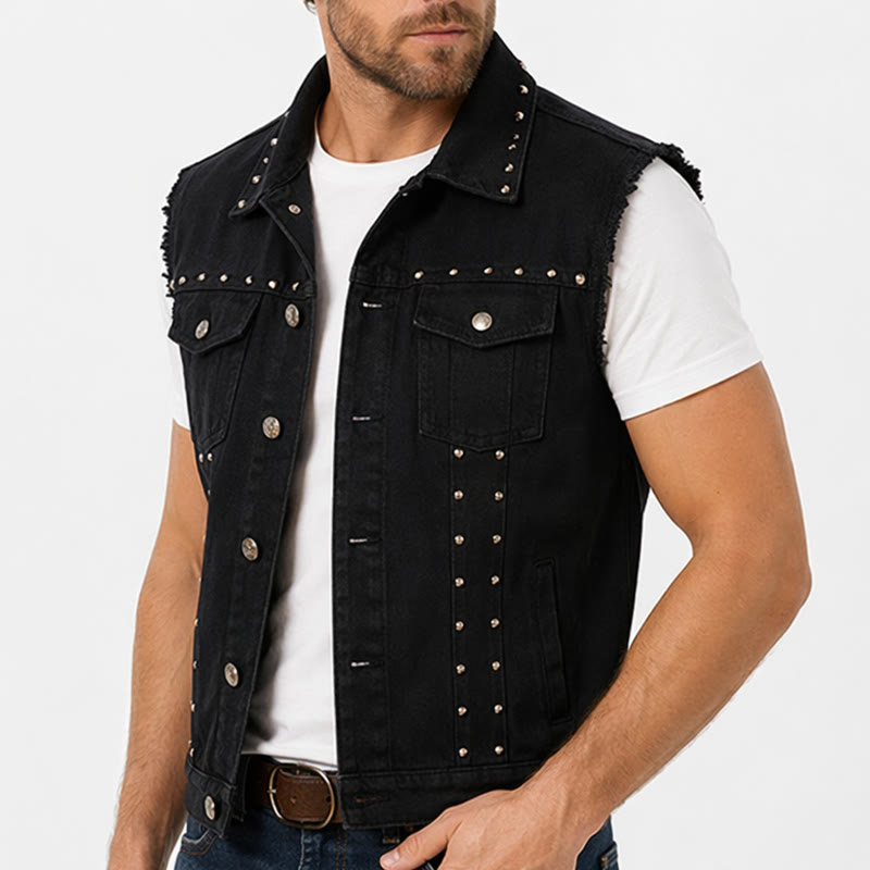 Gilet en jean noir clouté style punk rock à col à pointes - image 1