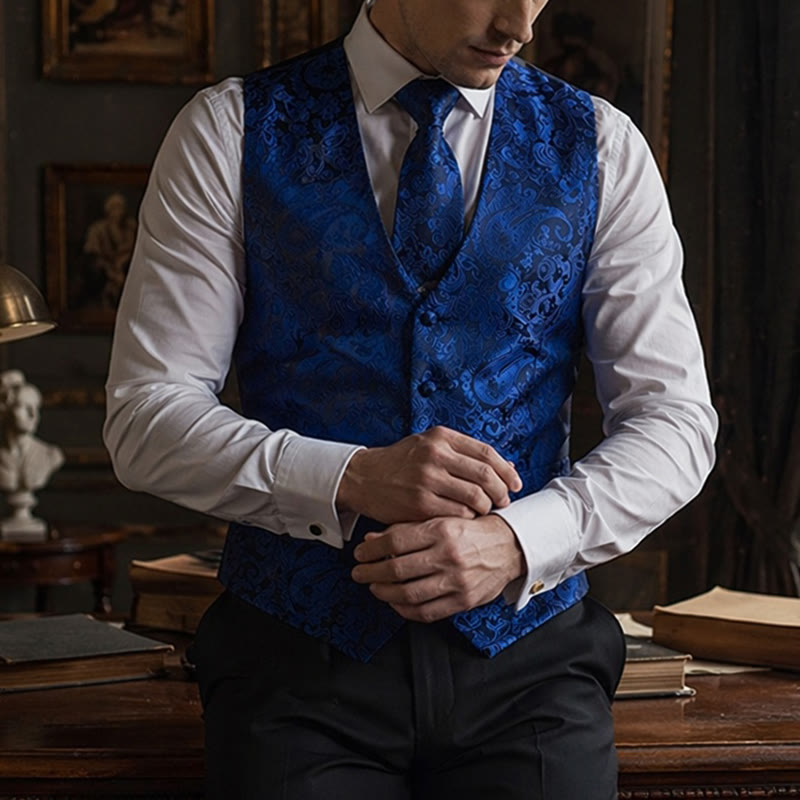 Gilet de costume formel pour homme, style vintage, en jacquard à motif cachemire. - Bleu foncé - 3XL - image 4