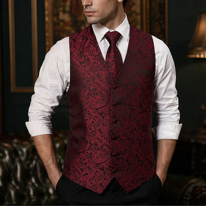 Gilet de costume formel pour homme, style vintage, en jacquard à motif cachemire. - Vin - 3XL - image 6