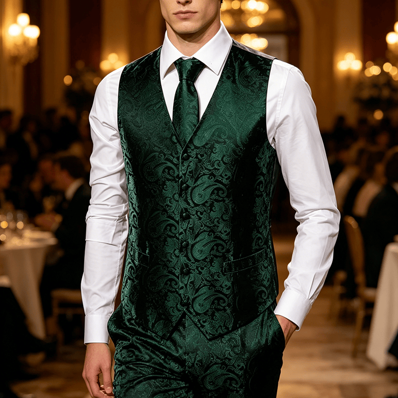 Gilet de costume formel pour homme, style vintage, en jacquard à motif cachemire. - Vert foncé - 3XL - image 5