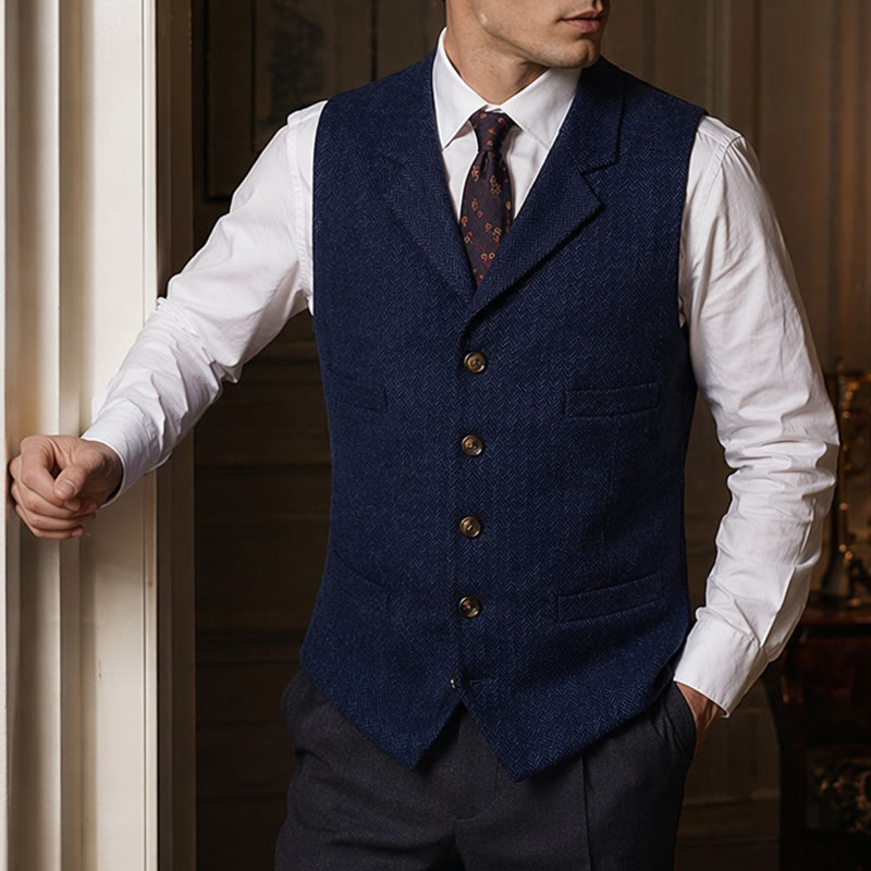 Gilet de costume pour homme en tissu à chevrons avec chaîne décorative - Bleu royal - 4XL - image 5