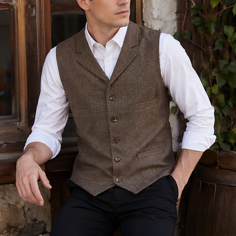 Gilet de costume pour homme en tissu à chevrons avec chaîne décorative - Brun foncé - 4XL - image 0