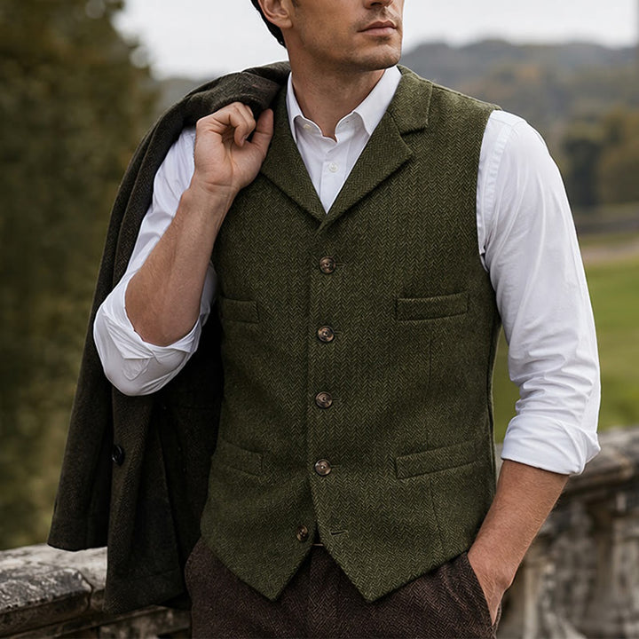 Gilet de costume pour homme en tissu à chevrons avec chaîne décorative - Vert armée - 4XL - image 15