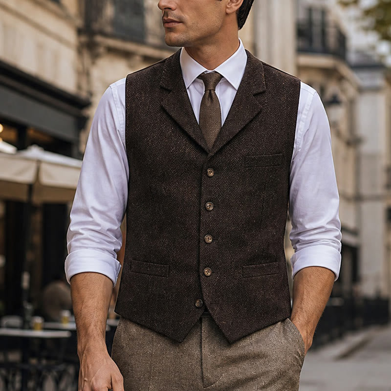 Gilet de costume pour homme en tissu à chevrons avec chaîne décorative - Café - 4XL - image 12