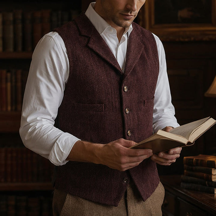 Gilet de costume pour homme en tissu à chevrons avec chaîne décorative - Vin - 4XL - image 14