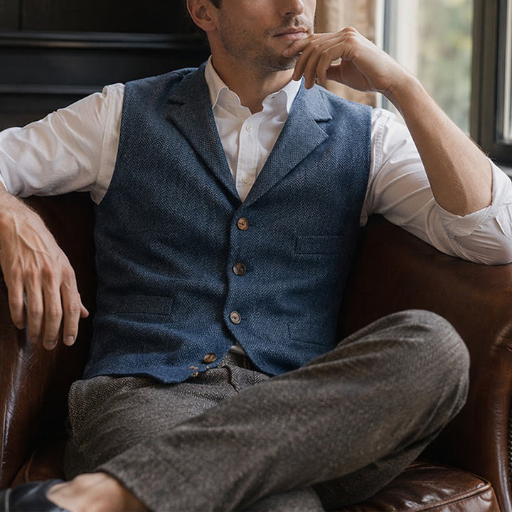 Gilet de costume pour homme en tissu à chevrons avec chaîne décorative - Bleu - 4XL - image 16