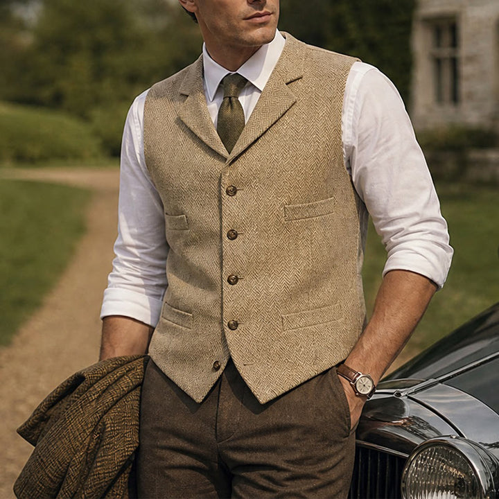 Gilet de costume pour homme en tissu à chevrons avec chaîne décorative - Champagne - 4XL - image 13