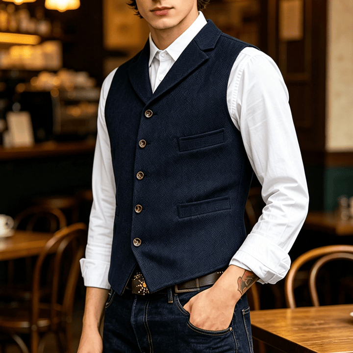 Gilet de costume pour homme en tissu à chevrons avec chaîne décorative - Bleu marine - 4XL - image 8