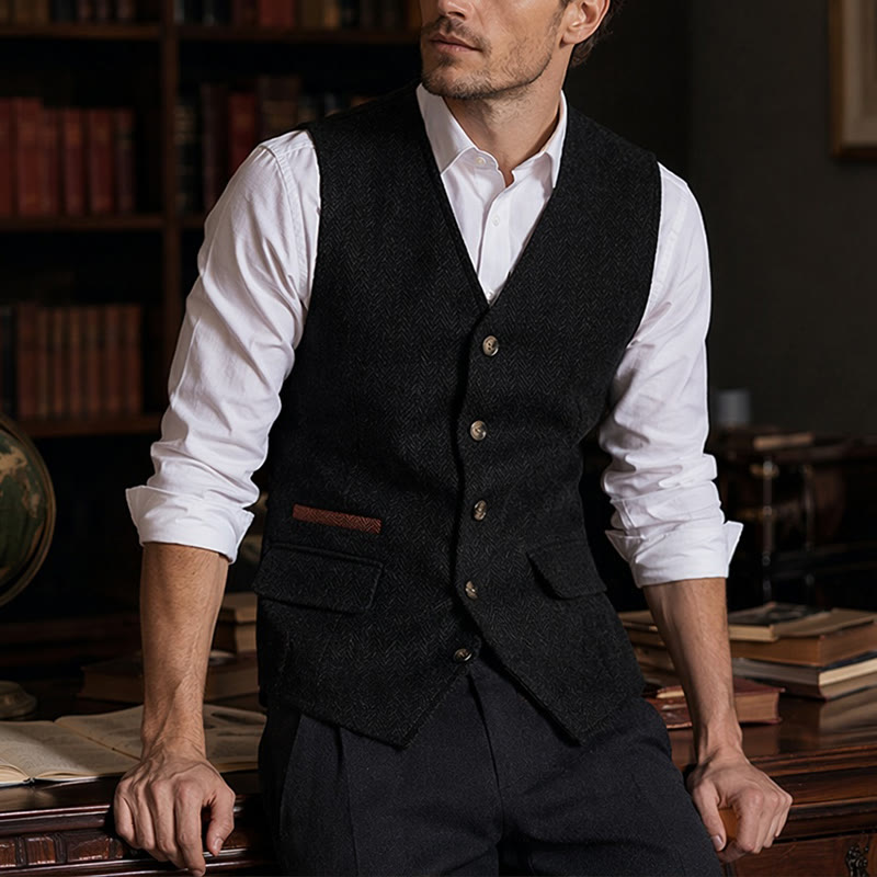 Gilet de costume épais décontracté à chevrons britanniques pour homme - Noir - 3XL - image 8