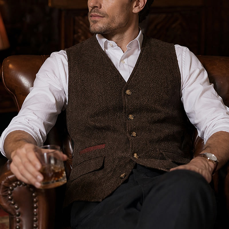 Gilet de costume épais décontracté à chevrons britanniques pour homme - Brun foncé - 3XL - image 16