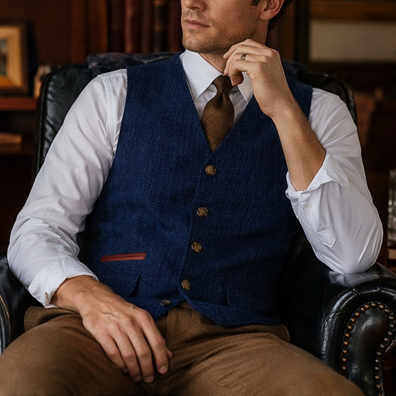 Gilet de costume épais décontracté à chevrons britanniques pour homme - Bleu - 3XL - image 14