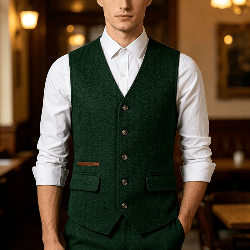 Gilet de costume épais décontracté à chevrons britanniques pour homme - Vert foncé - 3XL - image 4
