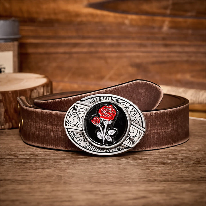 Ceinture en cuir avec boucle de couteau pliant dissimulé et rose rouge romantique à faire soi-même - Rose rouge - Ceinture marron vieillie - 42 - image 5