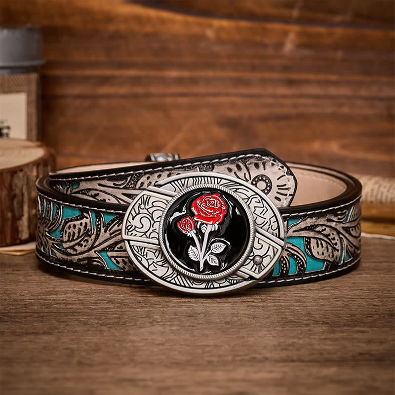 Ceinture en cuir avec boucle de couteau pliant dissimulé et rose rouge romantique à faire soi-même - Rose rouge - Ceinture à fleurs grises - 42 - image 8