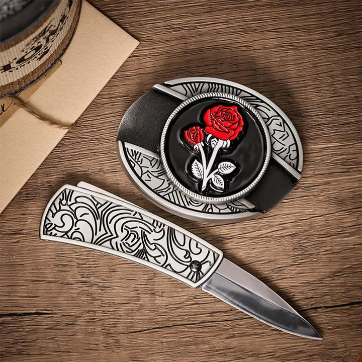 Ceinture en cuir avec boucle de couteau pliant dissimulé et rose rouge romantique à faire soi-même - image 1