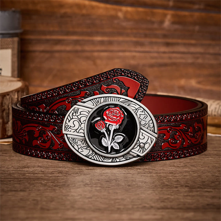 Ceinture en cuir avec boucle de couteau pliant dissimulé et rose rouge romantique à faire soi-même - Rose rouge - Ceinture sculptée marron - 42 - image 6