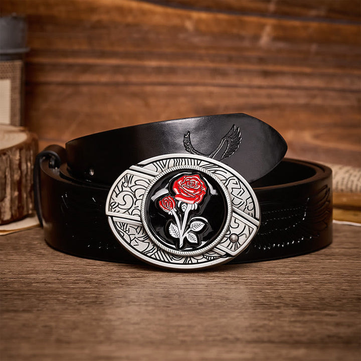 Ceinture en cuir avec boucle de couteau pliant dissimulé et rose rouge romantique à faire soi-même - Rose rouge - Ceinture noire à motif aigle en relief - 42 - image 2