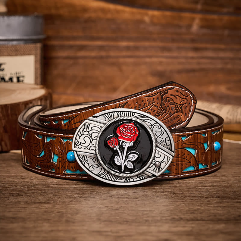 Ceinture en cuir avec boucle de couteau pliant dissimulé et rose rouge romantique à faire soi-même - Rose rouge - Ceinture turquoise sculptée - 42 - image 3