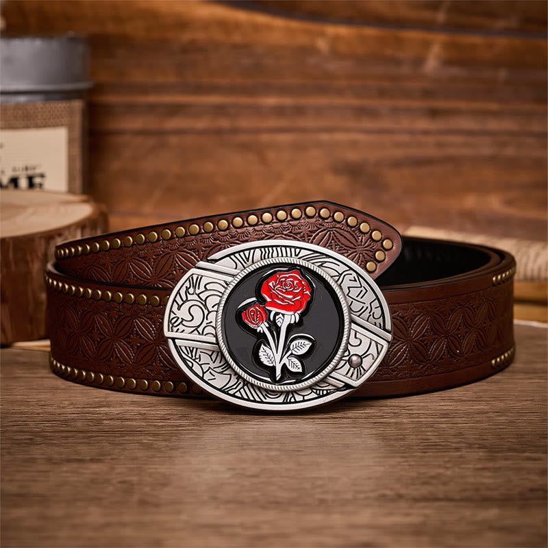 Ceinture en cuir avec boucle de couteau pliant dissimulé et rose rouge romantique à faire soi-même - Rose rouge - Ceinture à rivets marron - 42 - image 4