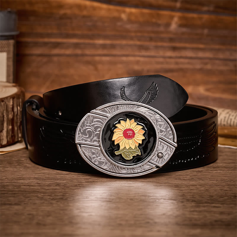 Ceinture en cuir avec boucle de couteau pliant caché Sunshine Sunflower à faire soi-même - Tournesol - Ceinture noire à motif aigle en relief - 42 - image 2