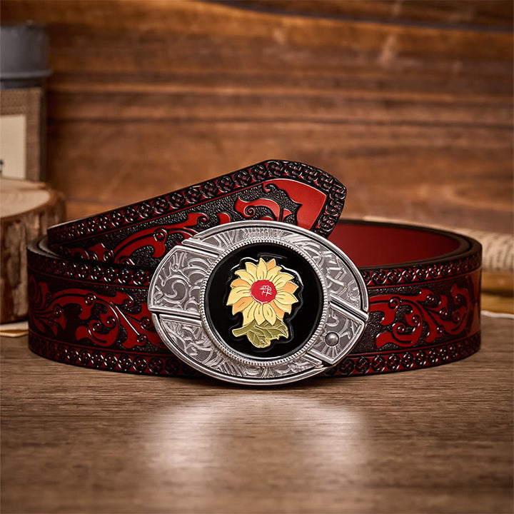 Ceinture en cuir avec boucle de couteau pliant caché Sunshine Sunflower à faire soi-même - Tournesol - Ceinture sculptée marron - 42 - image 6